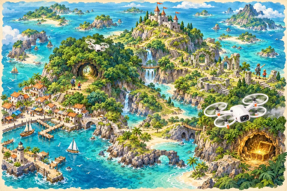 ドローン、港、城、森と宝箱を描いたオリジナルの冒険地図