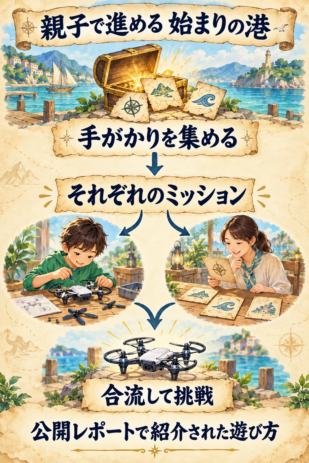 手がかりを集める、それぞれのミッション、合流して挑戦。公開レポートで紹介された親子の遊び方。