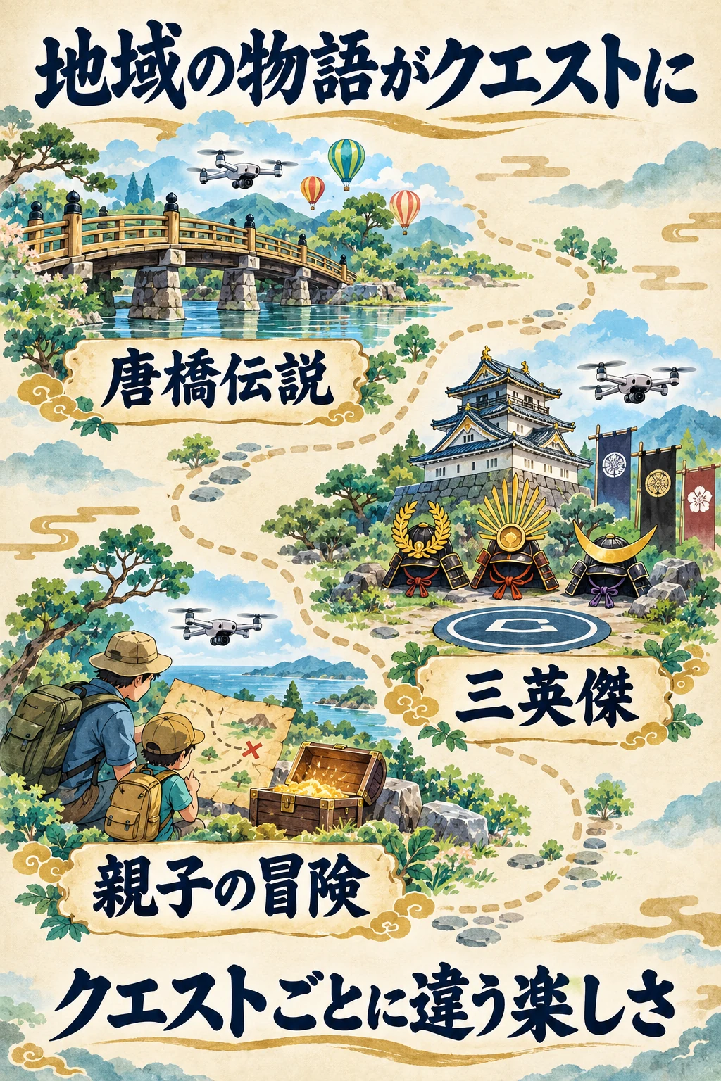 唐橋伝説、三英傑、親子の冒険。地域やテーマによってクエストごとに違う楽しさ。