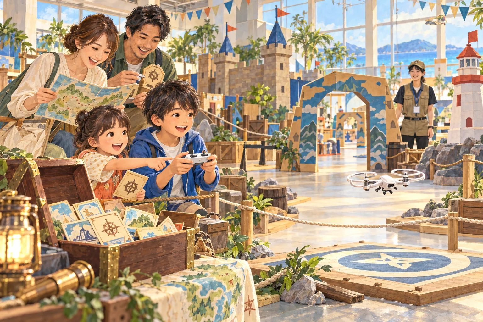 親子が手がかりを探し、トイドローンを操作する冒険イラスト