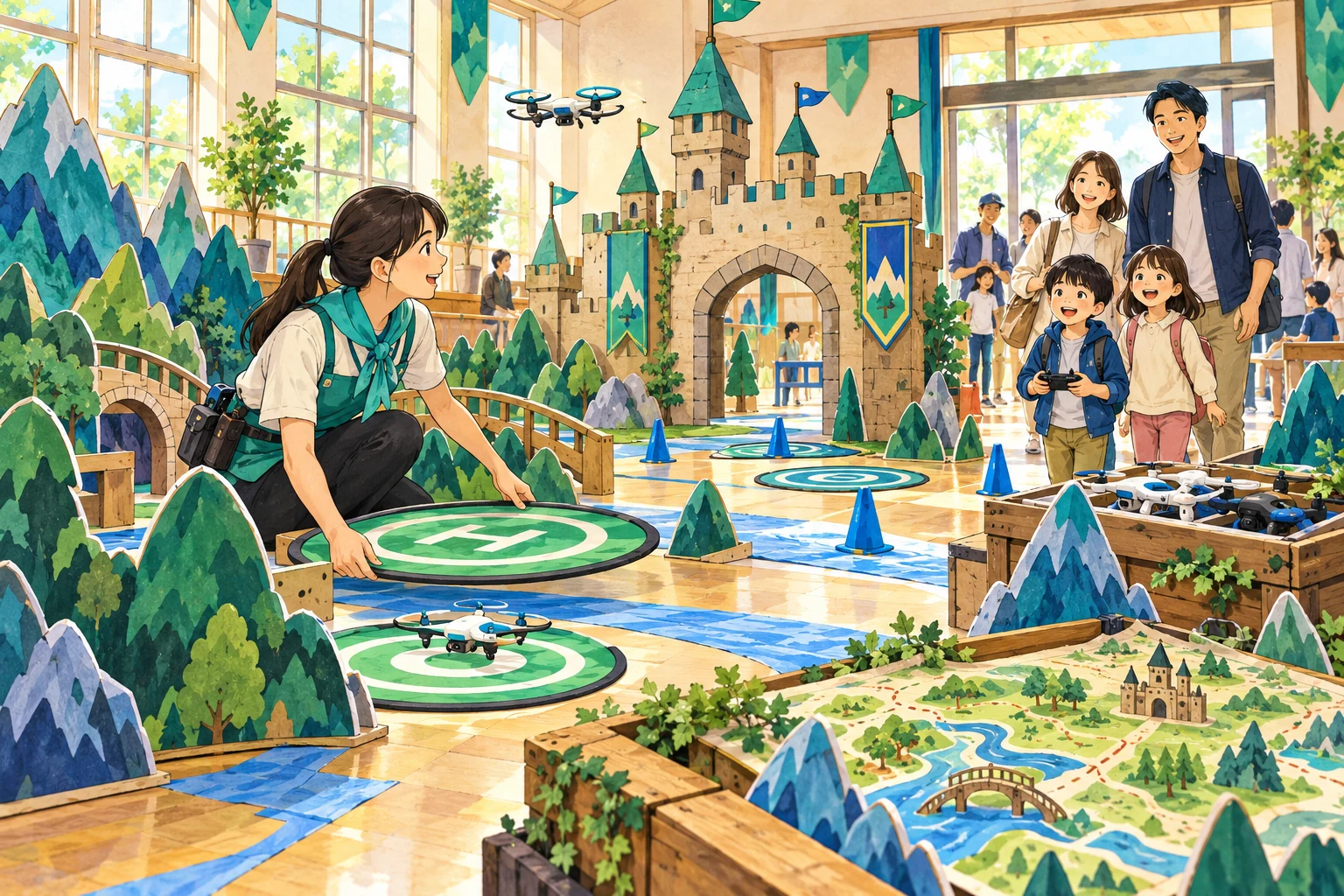 地域の会場でドローンのクエストを準備するイメージイラスト