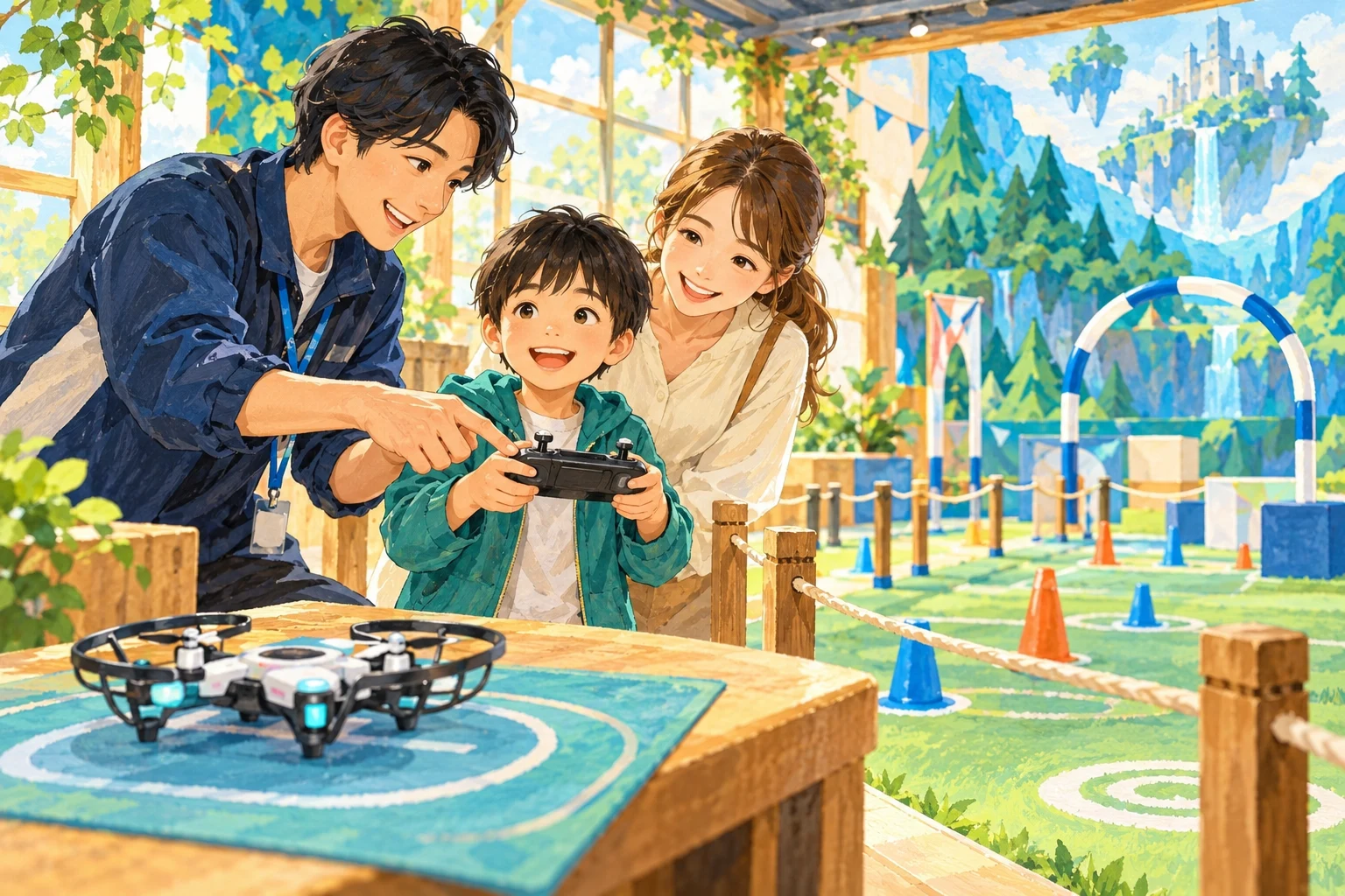指導者と親子がドローン操作の説明を受けるイメージイラスト
