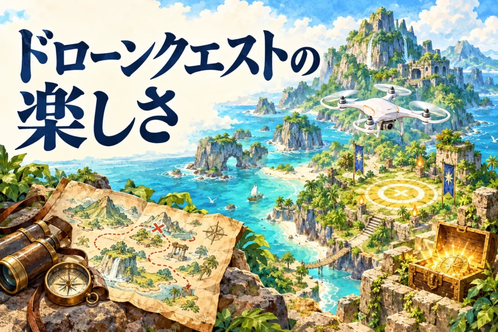 ドローンクエストとは?操縦・探索・攻略を楽しむ遊びのイメージイラスト